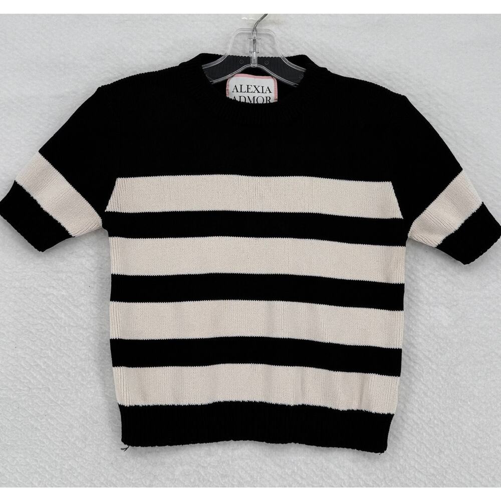 Alexia Admor Womens Saylor Black Striped Short Sleeve Knit Sweater Top Sz M